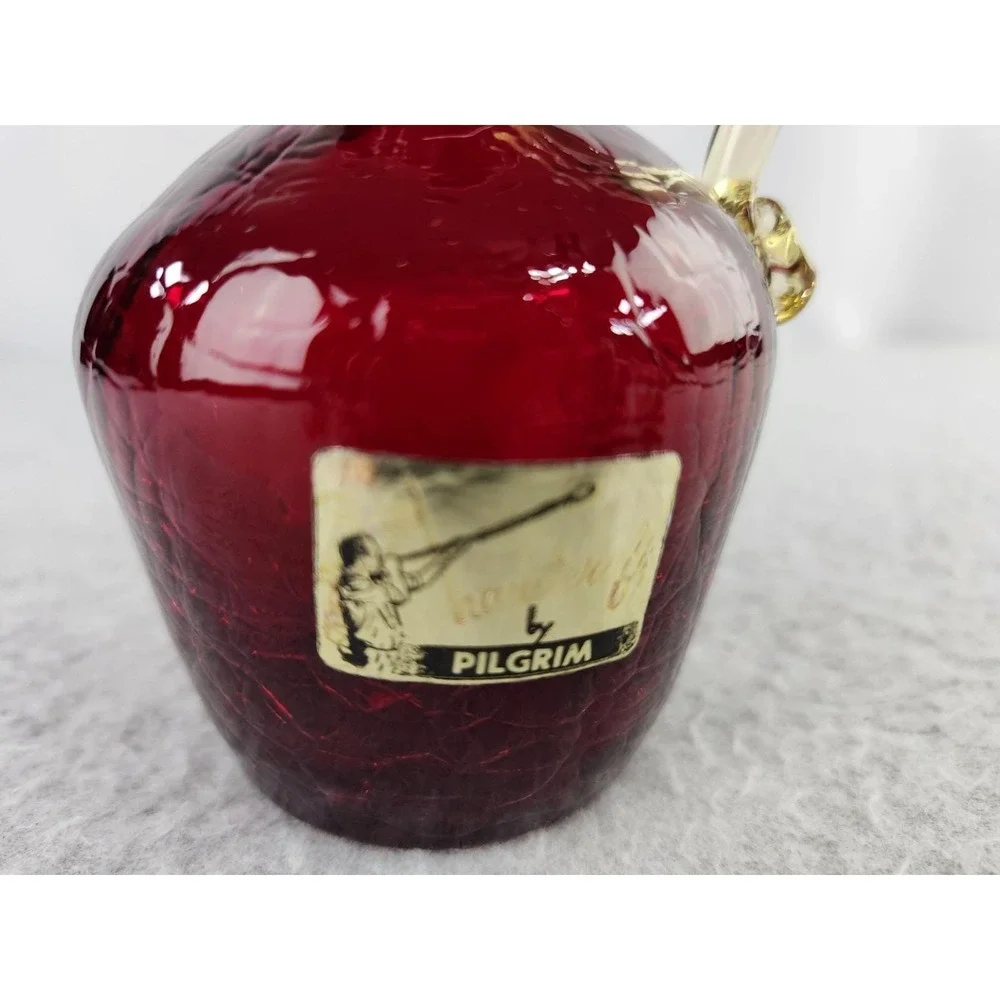 Vtg Pilgrim Handmade Crackle Ruby Red‎ Glass Gold Handled Pitcher Vase Sticker